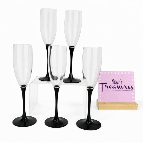 Luminarc France Jet Black Stem 6 oz Champagne Flutes 8 5/8\
